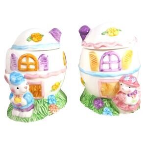 Rabbit Easter Egg Fairy House Pair Ceramic Interpur Decoration Trinket Box Set